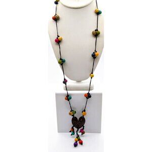 Vintage Beaded Boho Cord Necklace, Colorful Beachy Vibes with Coconut Shell Hear